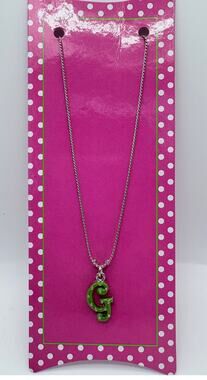 Initial “G” Pendant in Lime Green Polka Dots On Silver-Tone Chain